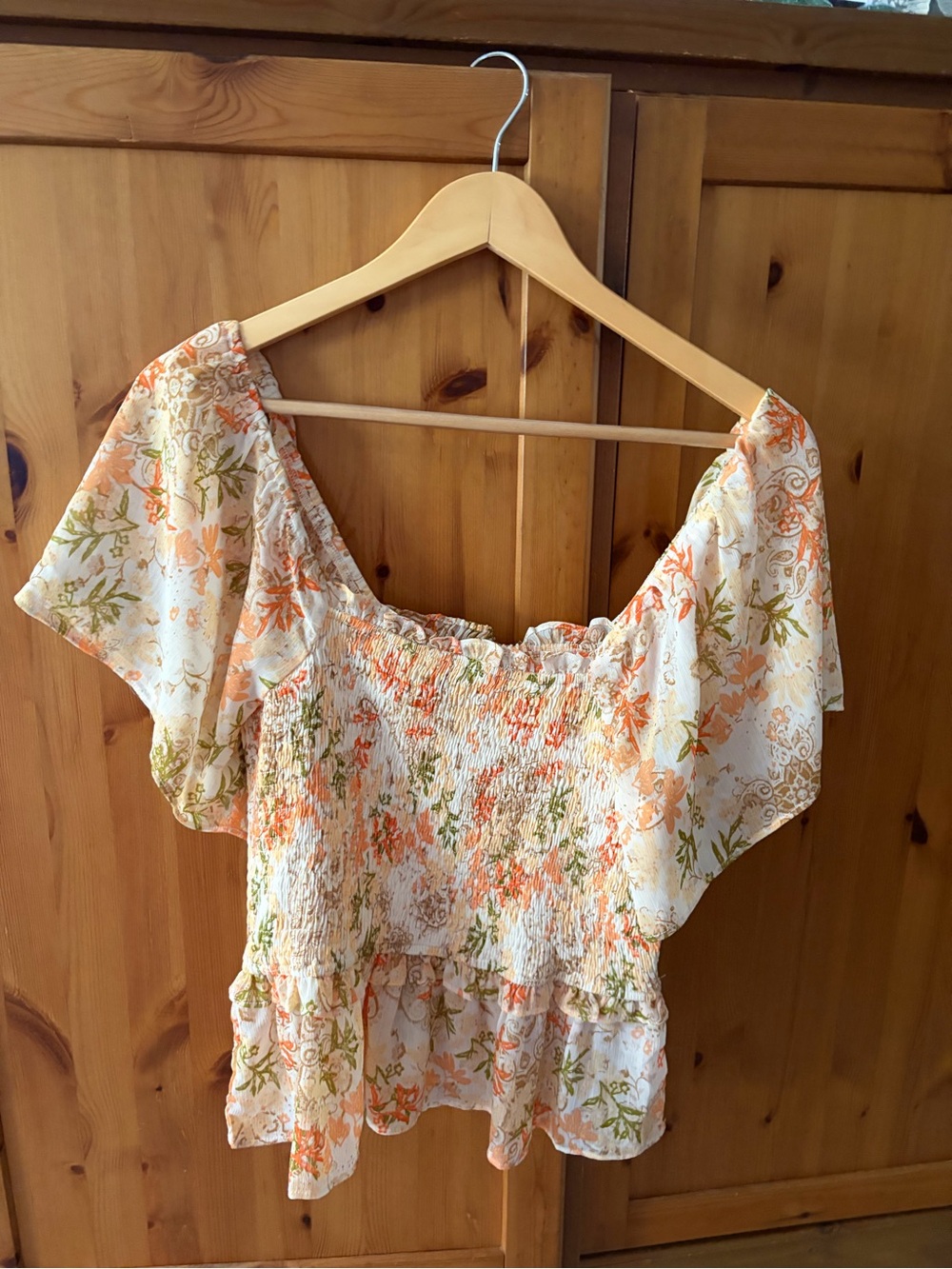NWT. Floral Smocked Flutter Sleeve Blouse with Orange & Green Print